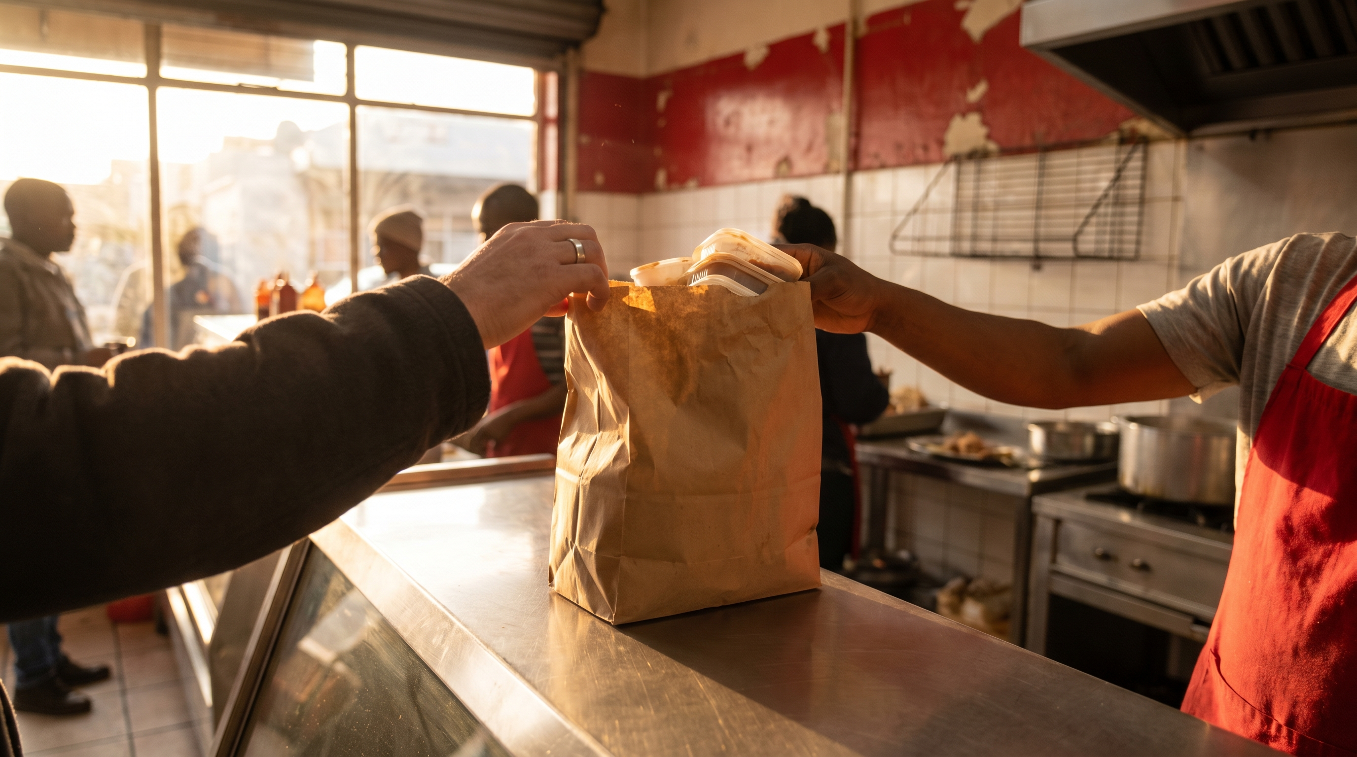 A takeaway bag being handed across the counter at Crispy Chicken and Grill