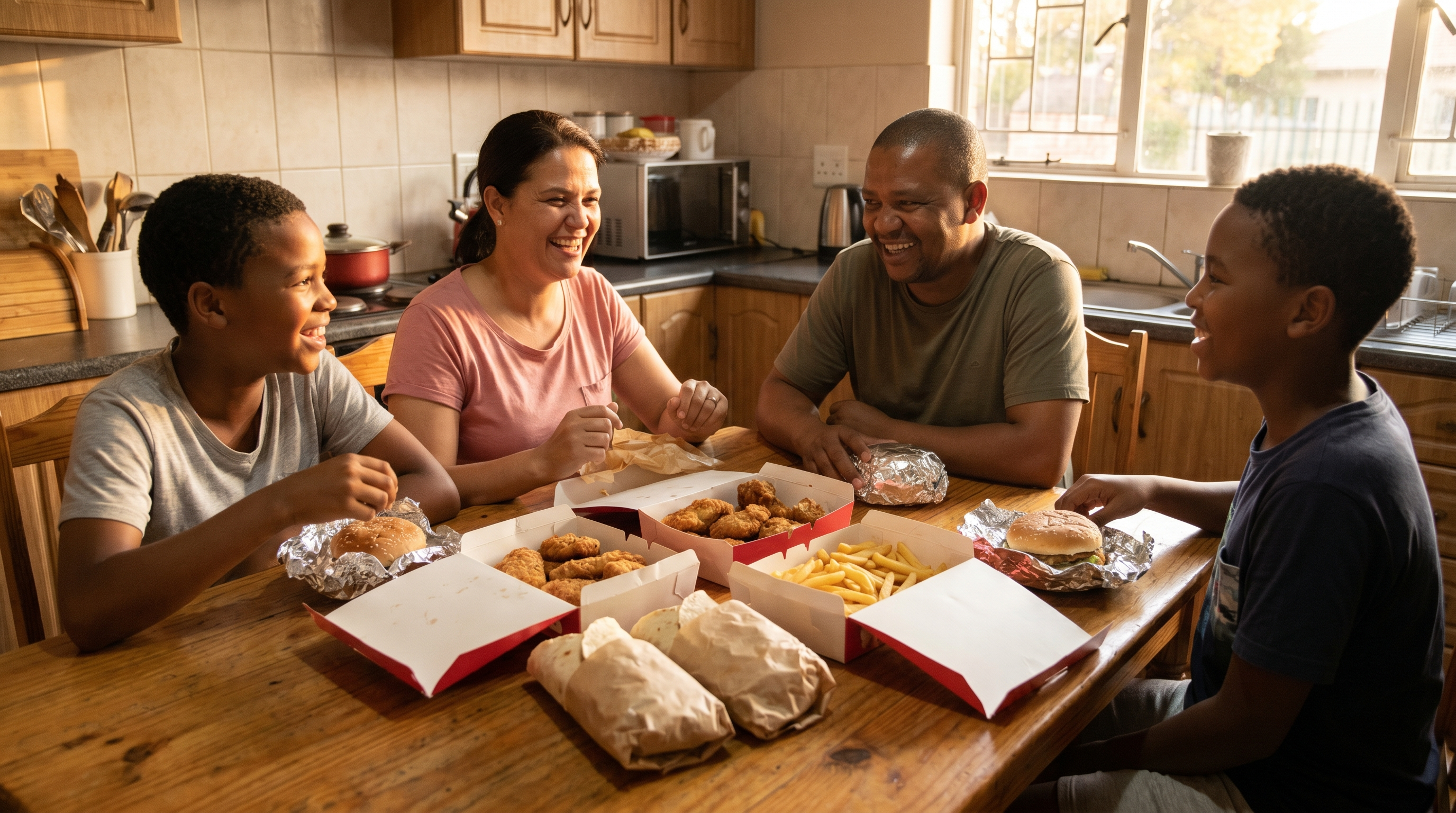 A Bloemfontein family sharing a Crispy Chicken spread at home