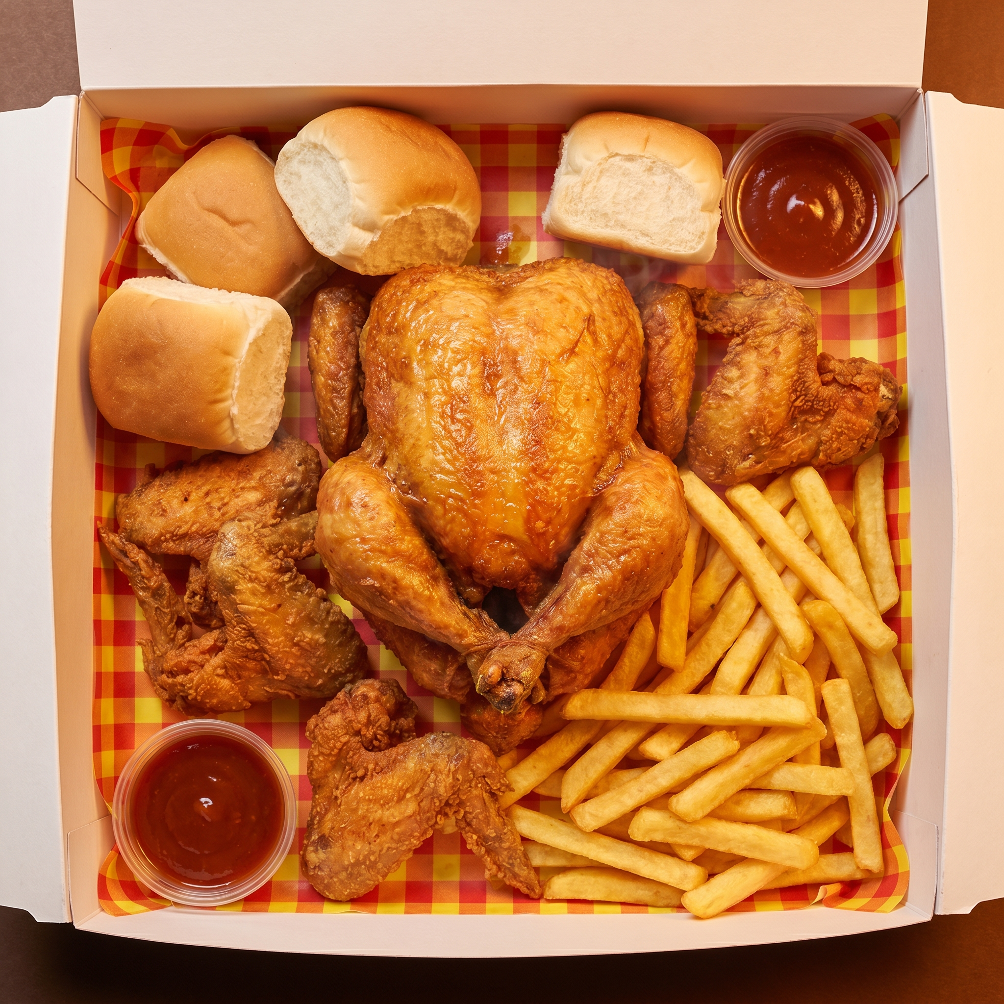 Fried Chicago Meal: full fried chicken, wings, chips and rolls